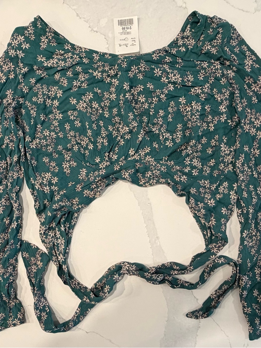 Patrons of Peace Teal Green Floral Tie-Front Crop Top